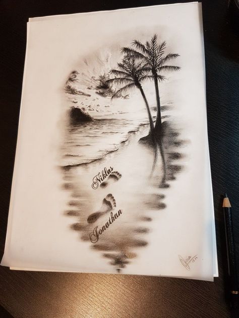 Mini Tattoo Designs, Strand Tattoo, Beach Theme Tattoos, Beach Inspired Tattoos, Ocean Sleeve Tattoos, Tattoos For Moms With Kids, Beachy Tattoos, Tattoos For Moms, Tropical Tattoo