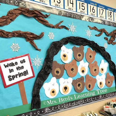 Hibernating bears in my #kindergarten classroom.  I saw this idea on Pinterest ages ago and don't know who it's from.  Thank you to the creative teacher who first did this!  #iteachk #kindergartenteacher #teachersofig #tftpickme #teachersfollowteachers #i Bear Bulletin Board Ideas, January Classroom Door, Hibernation Preschool Theme, Hibernation Preschool Crafts, Hibernating Bear Craft, Hibernation Preschool Activities, Hibernation Crafts, Hibernation Preschool, Bears Preschool