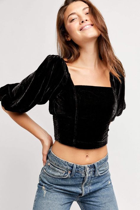 Black Velvet Top, Free People Velvet, Exaggerated Sleeves, Velvet Crop Top, Open Back Top, Velvet Shirt, Velvet Tops, Tie Top, Free People Black