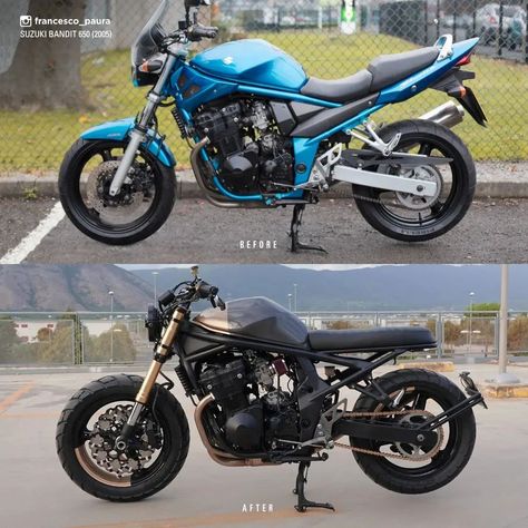 Cafe Racer | Custom Motorcyle on Instagram: “Before and after. Suzuki Bandit 650 from 2005 aka The Bright aka Paura Rockets 018…” Suzuki Bandit Cafe Racer, Cafe Scrambler, Suzuki Bandit 600, Naked Bikes, Suzuki Cafe Racer, Motorcycle Custom, 1200 Custom, Suzuki Bandit, Fast Life