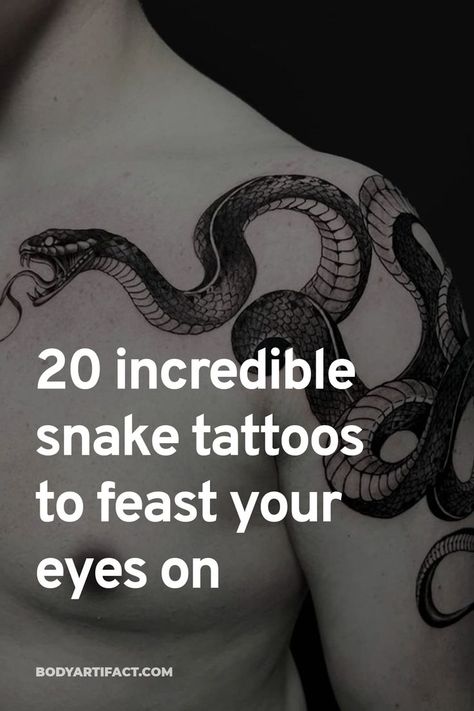 We've collected the best snake tattoos to help inspire your next piece of ink. Coiled Up Snake Tattoo, Best Snake Tattoos, Snake Neck Tattoo For Guys, Snake With Fangs Tattoo, Intelligent Tattoo Ideas, Dove And Snake Tattoo, Goth Snake Tattoo, Shedding Snake Tattoo, Snake Tattoo Placement Ideas