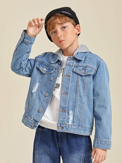 Medium Wash Casual  Long Sleeve Denim Colorblock Other  Non-Stretch  Boys Clothing Boys Jean Jacket, Boys Denim Jacket, Diy Slippers, Denim Jacket Outfit, Hooded Denim Jacket, Boys Denim, Love Jeans, Boy Poses, Boys Jacket