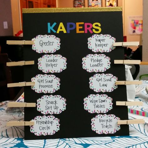 O Fam's Girl Scout Kaper Chart - each clothespin has a scouts name on it, rotate every meeting. Foldable and easy to store & carry. Kapers Chart Brownie, Kaper Chart Brownie, Brownies Kaper Chart, Kapers Chart, Kaper Chart Daisies, Daisy Kaper Charts, Kaper Chart Girl Scouts, Girl Scout Kaper Charts, Caper Charts Girl Scout