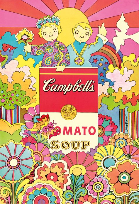 Campbell's Tomato Soup. 1968 - Poster   Estimated Price: $1,000 - $1,200  Description: Artist: JOHN ALCORN (1935-1992) Size: 23 3/4 x 35 1/8 in./60.3 x 89.2 cm This psychedelic homage to an American culinary classic was offered to those who sent in three different labels from any Campbell's Soup product. Soup Poster, John Alcorn, Campbell's Tomato Soup, Journal Patterns, Wine Poster, Art Mat, Poster Photo, Ad Art, Decorative Elements