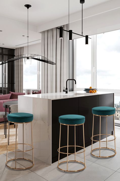 Detroit Apartment, Coral Kitchen, Small Kitchen Decoration, Chalet House, Luxury Bar Stools, Breakfast Stools, Counter Stools With Backs, Round Bar Stools, Coffee Room