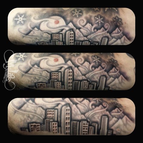 The skyline of Denver, Colorado!  Love tattooing anything that represents this beautiful state and the glorious rocky mountains! Colorado Tattoo Ideas, Tattoo License, Colorado Tattoo, Skyline Tattoo, Denver Skyline, Places For Tattoos, Custom Tattoos, Colorado Flag, 3d Tattoo