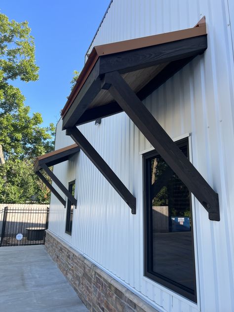 Metal And Wood Awning, Farmhouse Door Awning, Large Overhang Roof, Front Door Overhang Entrance Metal Roof, Metal Overhang, Garage Portico, Awnings For Windows, Adu House, Awning Over Door