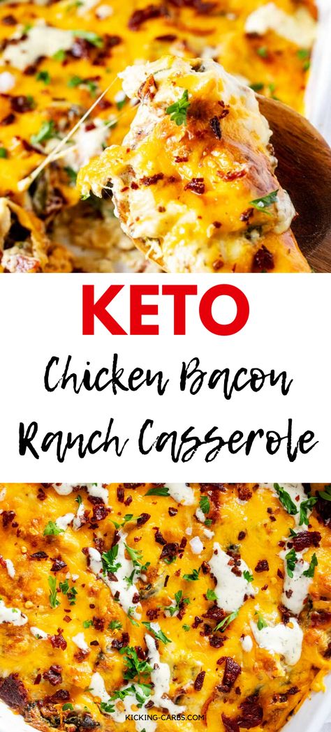 This gluten free Chicken Bacon Ranch Casserole has a super-easy creamy ranch sauce, bacon, and spinach.  It is the perfect low carb and keto-friendly comfort food that is great for family dinners #kickingcarbs #chickenbaconranch #glutenfree #glutenfreecasseroles Keto Chicken Bacon Ranch Casserole, Keto Chicken Bacon Ranch, Casserole With Spinach, Keto Chicken Bacon, Bacon Ranch Casserole, Ranch Casserole, Chicken Bacon Ranch Casserole, Keto Kitchen, Favorite Casseroles