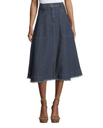 15 Really Cute High-Waisted Denim Skirts | Who What Wear Midi Skirt Denim, Stylish Midi Skirt, Midi Denim Skirt, Denim Button Skirt, Oversized Denim Shirt, High Waisted Denim Skirt, Midi Denim, Blue Denim Skirt, Skirt Denim