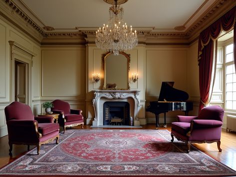 Step into a world of elegance with this traditional living room! ✨ Featuring ornate crown molding, a stunning crystal chandelier, and a classic antique fireplace, every detail exudes sophistication. Plush, deep burgundy velvet armchairs invite relaxation, while a grand piano adds a touch of musical charm. Perfect for those who appreciate timeless beauty! 🎹 Luxurious Penthouse, Calming Spaces, Stylish Interior, Antique Fireplace, Burgundy Velvet, Grand Piano, Traditional Living, Traditional Living Room, Velvet Armchair