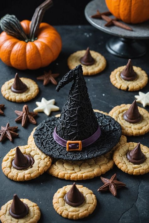 A photo of a  Low-Carb Witch Hat Cookies which is a type of Keto Halloween Desserts Halloween Dessert Recipes, Keto Halloween, Pumpkin Shaped Cookies, Witch Hat Cookies, Halloween Food Desserts, Keto Treats, Keto Holiday, Halloween Dessert, Hat Cookies