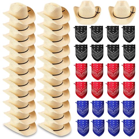 PRICES MAY VARY. Bulk Pack Cowboy Hats: the package includes 24 pieces of cowboy straw hats, 8 pieces of black bandanas, 8 pieces of blue bandanas and 8 pieces of red bandanas; They can be combined in different styles to be suitable for different occasions or people; It's enough to meet your needs of daily use and replacement, while it can be a nice gift for your family and friends Practical and Durable: these cowboy party hats are made of quality paper straw which is lightweight and comfortable Western Theme Birthday Party, Straw Cowboy Hats, Western Party Decorations, Cowboy Themed Birthday Party, Country Themed Parties, Cowboy Theme Party, Western Style Wedding, Wild West Party, Western Birthday Party