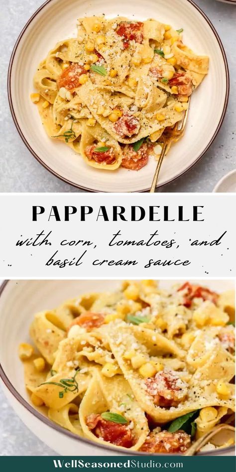 Red Onion Pasta Recipe, Pasta With Corn And Tomatoes, Corn And Tomato Pasta, Pasta With Corn, Basil Cream Sauce, Apartment Recipes, Blistered Tomatoes, Summer Pasta Dishes, Summer Pasta Recipes