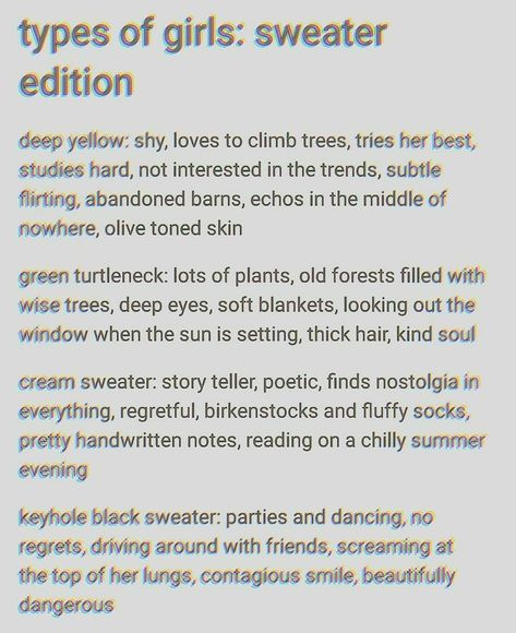 Types Of Girls Personality, Types Of People Tumblr, Types Of Girls Aesthetic, Types Of People Aesthetic, Descriptions Of People, Types Of Aesthetics, Different Types Of People, Green Turtleneck, Deep Yellow