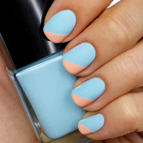 Lulus.com how-to: Light Blue and Peach Angled Tip #Mani Spring Color Nail Designs, Blue Peach Nails, Peach And Navy Nails, Light Blue And Orange Nails, Peach And Light Blue Nails, Orange And Light Blue Nails, Peach And Blue Nails, Coral And Light Blue Nails, Mani Monday