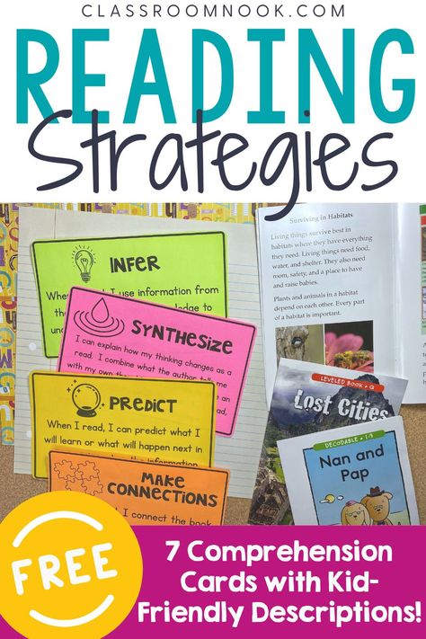 Grab your FREE Reading Comprehension Strategy Cards for upper elementary students (3rd, 4th, and 5th grade) today! These reading comprehension strategy cards are the perfect visual for your students when teaching each strategy. Each card comes with a kid-friendly definition of the strategy and are great teaching tools for mini-lessons or small-group instruction! Includes all 7 reading strategies from making connections, inferring, synthesizing, and MORE! Get your FREE set today! Synthesizing Reading Activities, 3rd Grade Reading Strategies, Reading Strategies Anchor Charts, Teaching Reading Strategies, Teaching Reading Comprehension, Reading Strategy, Making Predictions, Reading Comprehension Lessons, Reading Comprehension Strategies