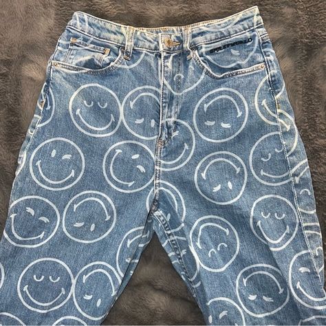 Smiley face print on jeans Smiley Jeans, Smiley Face Print, Face Print, 2025 Vision, Slim Waist, Smiley Face, Bootcut Jeans, Smiley, Pants