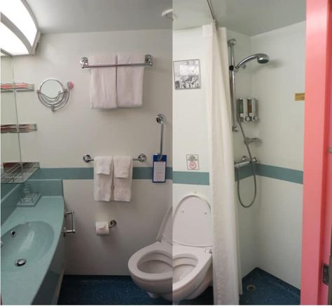 Everything to Know About Cruise Cabin Bathrooms | Cruzely.com Cruise Bathroom, Cruise Ship Rooms, Cruise Ship Bathroom, Ship Bathroom, Cabin Decks, Cruise Rooms, Carnival Valor, Mirror Bedroom Decor, Glamorous Bathroom