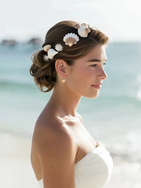 Discover 43 breathtaking beach wedding hairstyles perfect for brides, bridesmaids, and guests. From elegant updos and loose waves with flower crowns to simple short haircuts and boho braids, find the ideal look for your special day. Includes hair care tips and product recommendations. Beach Wedding Hairstyles, Elegant Chignon, Romantic Braid, Pearl Pins, Elegant Updos, Backless Dresses, Beach Wedding Hair, Low Bun, Coastal Charm