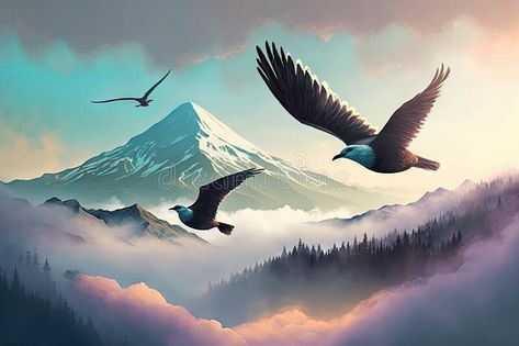 Two birds soaring above the clouds, with view of rolling hills and mountains stock photo Hills And Mountains, Bird Tree, Two Birds, Above The Clouds, Rolling Hills, The Clouds, Geometric Shapes, Stock Illustration, Birds