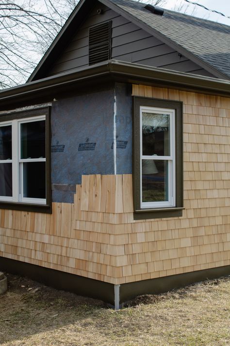 How to install cedar shingle siding. Where to buy cedar shingles. Cedar shingle siding tutorial. Tips and tricks for cedar shingle installation. How to use a ledger board. How to allow for water drainage. Exterior siding recommendations. | Nadine Stay #cedarshingles #cedarshakes #cedarsiding #cedarshinglesiding #sidingtips #cedarsidingtips #exteriordesign Nadine Stay, How To Install Baseboards, Cedar Shingle Siding, Cedar Shake Siding, Cedar Shingle, Eastern White Cedar, Board And Batten Exterior, Small Cabins, Shake Shingle