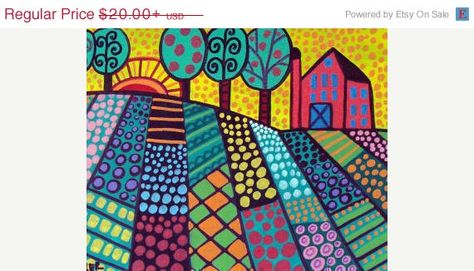 50% OFF - FOLK ART Print landscape tree Art Poster Print of painting by Heather Galler Heather Galler, Boom Kunst, Classe D'art, Painting Wedding, Arte Folk, 3rd Grade Art, Naive Art, Mexican Folk Art, Art Classroom