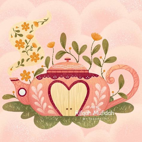 A magical cottage of tea pot Vintage Teapot Illustration, Teapot House Illustration, Tea Set Drawing, Teatime Illustration, Tea Party Illustration, Tea Pot Illustration, Tea Time Illustration, Teapot Art, Magical Cottage