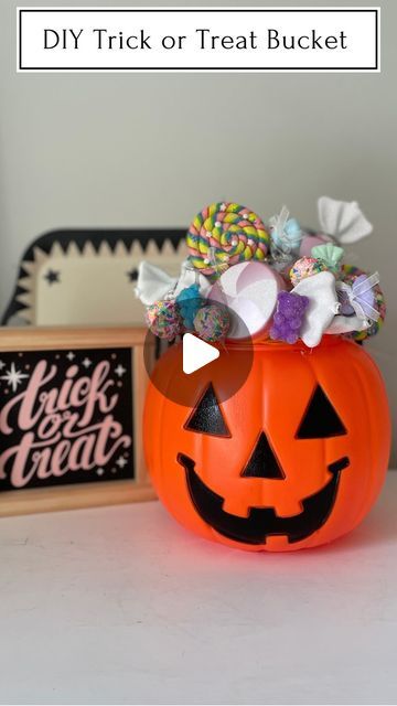 Kelly Oester - your new DIY mom friend on Instagram: "DIY Trick or Treat Candy Bucket 🎃🍭🍬

Would you keep the candy as is, or paint some pieces orange and black!? I debated painting some of them, but I love it as is too!

TO SHOP:
Hobby Lobby has an entire "sweets collection" in store and online. 50% off right now! 

My plastic pumpkin bucket is from Amazon, but you can find them at Walmart and occasionally the Dollar Store or grocery stores. 

🍬COMMENT "links" and I'll send you links to this Amazon pumpkin bucket and some of my favorite twinkle light options. 🍬

#diy #halloweendecor #diyhalloween #trickortreat #pumpkinpail #candy #sweets #christmasdecor #holidaymagic #viralchristmas" Plastic Pumpkins Bucket, Pumpkin Pail, Diy Mom, Trick Or Treat Candy, Treat Bucket, Pumpkin Bucket, Candy Bucket, Plastic Pumpkins, Mom Friend