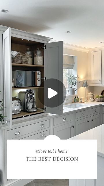 Donna Jenkins • Home Inspo • Travel on Instagram: "One of the best decisions… This tall cupboard was a must when I was redesigning the kitchen.  It’s perfect for hiding away the small appliances that I didn’t want cluttering up my work surfaces.  I added sensor lights and a pull out shelf so the heat from the toaster didn’t burn the underside of the shelf above.  What’s been one of your best decisions in your kitchen? 

Have a great day everyone whatever you are up to.

#kitchenpantry #lardercupboard #kitchenorganization #kitchenorganisation #kitchenbeforeandafter #sinkie #kitchendesign #inframekitchen #shakerkitchen #neutraldecor
#neutralkitchen #kitchensofinstagram #kitchensofinsta #kitchendesign #quartzworktops #kitchencabinets #quartzcountertops #quartzworktops #newbuildhome #newbuildi Inframe Kitchen, Tall Cupboard, Pull Out Shelf, Larder Cupboard, Quartz Worktops, International Coffee, Sensor Lights, Neutral Kitchen, Kitchen Organisation