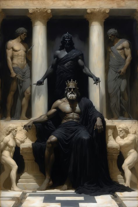 Throne of Hades: Grandeur and Darkness  Hades sits on his majestic throne, shrouded in an aura of mystery and power. The skeletons and columns surrounding him emphasize his status as the lord of the underworld. His dark robe symbolizes the darkness of the realm of the dead. This image was generated using Stable Diffusion. #ThroneOfHades #DarkMagic #RealmOfTheDead Son Of Hades Aesthetic, Hades Throne, Throne Poses, Mistic Art, Hades Symbol, Hades Underworld, Hades Aesthetic, Son Of Hades, Cool Chest Tattoos