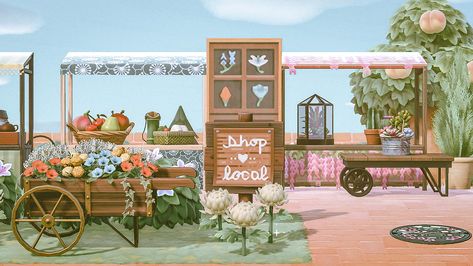 Manda — Toledo’s smol farmers’ market. Apparently all u... Acnh Flower Market, Animal Crossing Farmers Market, Acnh Marketplace, Acnh Farmers Market, Acnh Purple, Flower Van, Ac Ideas, Farmers Market Sign, Cozy Gaming