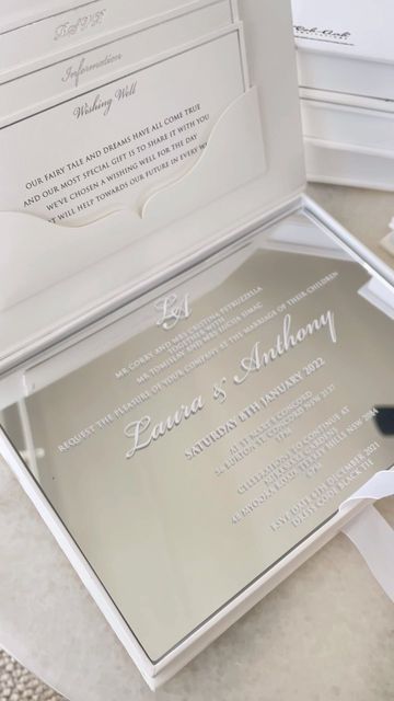 Luxury Wedding Invitations on Instagram: "LAURA ✨ Upgrade any of our designs with an acrylic invitation inside. Acrylic colours available in gold, silver, frosted or clear.• An absolute fairy tale wedding for our couple Laura + Anthony. Our boxes are the premium option available for our clients, if you are interested in customising a design unique for your event please get in touch to chat about all things colours, textures and style.• International delivery available ✈️ 🌎• Express turnaround Boxed Wedding Invitations Luxury, Extravagant Wedding Invitations, Lux Wedding Invitations, Extra Wedding Invitations, Expensive Wedding Invitations, Luxury Wedding Invitations Box, Luxury Invitation Card, Concrete Wedding, Wedding Invitations Luxury