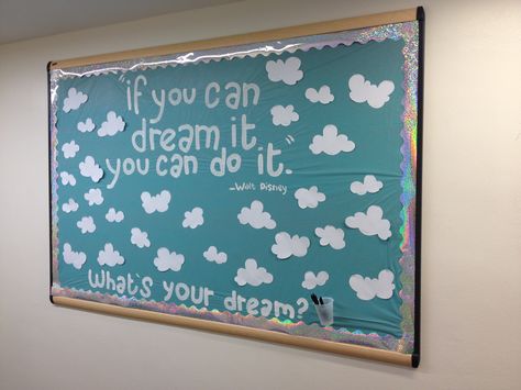 Social Bulletin Board - Residents could write their dreams on the clouds Counseling Bulletin Boards, Work Bulletin Boards, Interactive Bulletin Boards, Ra Bulletins, Ra Boards, Ra Bulletin Boards, Library Bulletin Boards, Responsive Classroom, Resident Assistant