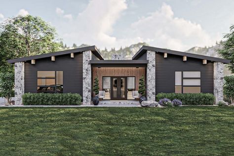 This mid-century modern ranch house plan features a striking façade and a roomy 4-car garage, catering to a homeowners need of ample storage.  Upon entering, you'll find an open layout that seamlessly combines the kitchen, dining area, and great room into a vast living space.  The kitchen takes center stage, offering top-notch appliances and a breakfast bar island, ideal for cooking and entertaining. The dining area provides a warm setting for family meals, while the great room, comple Modern Ranch House Plans, Mid Century Modern Ranch, Modern Ranch House, Garage Floor Plans, Ranch House Plan, Modern Style House Plans, Modern Ranch, Farmhouse Plan, Contemporary House Plans