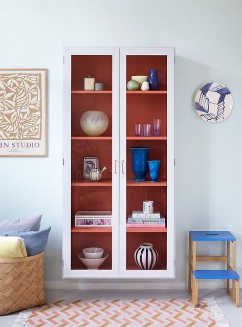 on trend: floating display cabinets. Orange Cabinets, Ornate Kitchen, Black Display Cabinet, Antique White Kitchen Cabinets, Office Redo, Pink Cabinets, Antique White Kitchen, Kitchen Cabinet Shelves, Mini Room