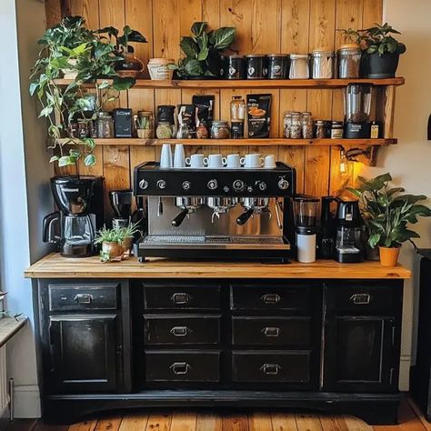 Creating a DIY home coffee bar can transform your kitchen or dining area into a cozy, stylish space dedicated to one of life’s simple pleasures: coffee. With a little creativity ... Read more Rustic Coffee Bar Ideas Farmhouse Style, How To Decorate Coffee Bar, Dark Academia Coffee Bar, Hutch Into Coffee Bar, Dry Sink Coffee Bar, Hutch Coffee Bar Ideas, Coffee Bar From Hutch, Coffee Hutch Ideas, Hanging Coffee Mugs