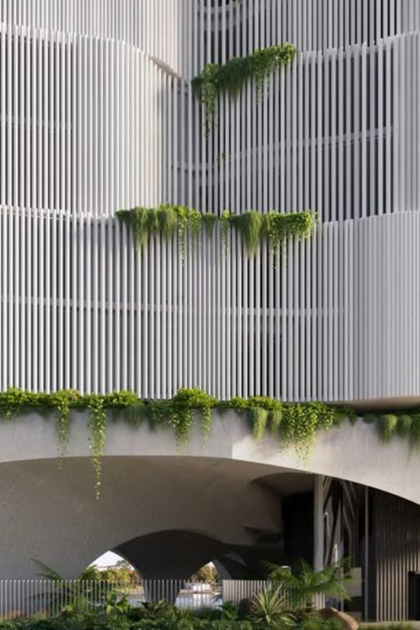 Artist's impression of proposed apartment building façade planned for Brisbane Facade With Plants, Curved Facade, Parking Lot Architecture, Sustainable Building Design, Atrium Design, Terrace Building, Classic Facade, Apartments Exterior, Brisbane River