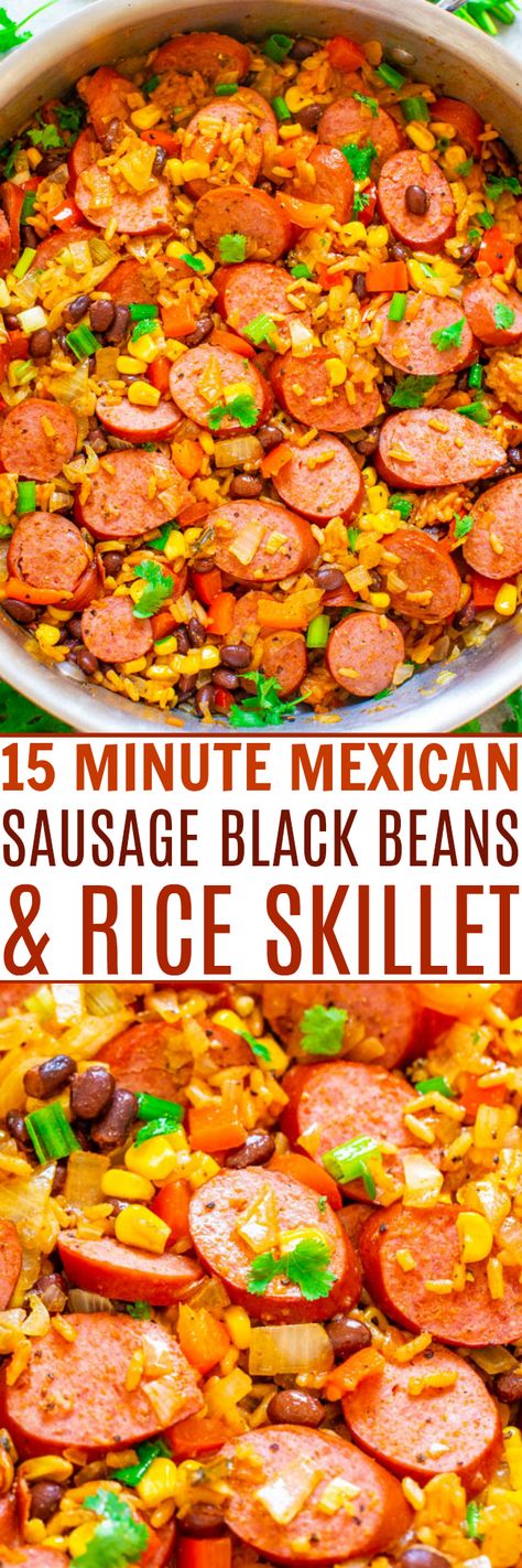 15-Minute Mexican Sausage, Black Beans, and Rice Skillet - A FAST and EASY recipe that's loaded with Mexican-inspired flavors and ingredients!! Break out of your chicken rut with this FLAVORFUL dish that's perfect for busy weeknights!! Mexican Rice With Sausage, Mexican Sausage Recipes, Mexican Rice Beans, Mexican Rice And Beans, Mexican Sausage, Mexican Skillet, Sausage Rice, Rice And Beans Recipe, Black Beans And Rice