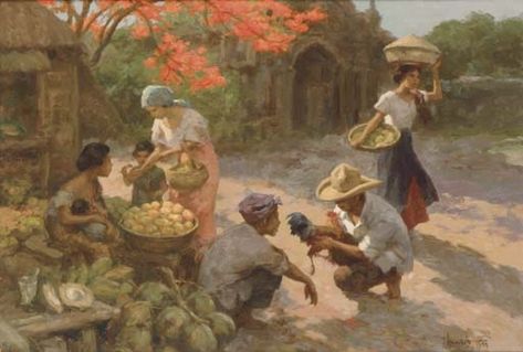 Fernando Amorsolo Picture, Fisherman Costume, Fernando Amorsolo, Summative Test, Market Scene, Kitchen Painting, Filipino Art, Philippine Art, Philippines Culture