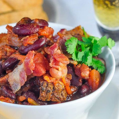 Prime Rib Beer Bacon Chili - a leftover luxury meal. Bacon Chili Recipe, Holiday Prime Rib, Leftover Prime Rib Recipes, Prime Rib Steak, Leftover Prime Rib, Prime Ribs, Bacon Chili, Leftover Roast Beef, Beef Tenderloin Roast