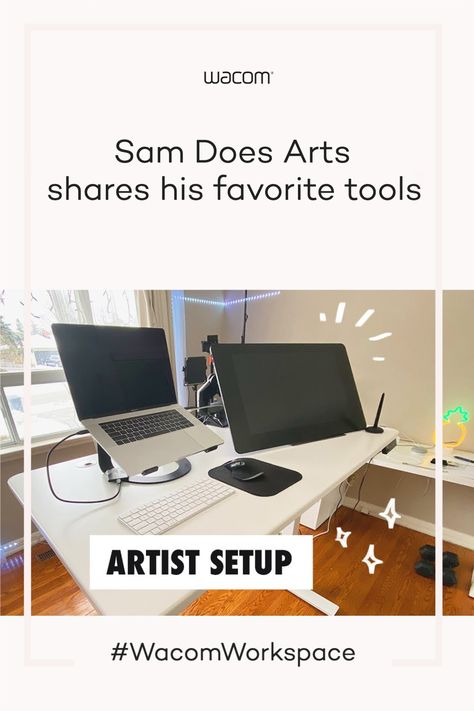 Digital Art Setup, Cintiq Setup, Artist Setup, Sam Does Art, Art Setup, Small Apartment Hacks, Apartment Hacks, Desk Goals, Wacom Cintiq