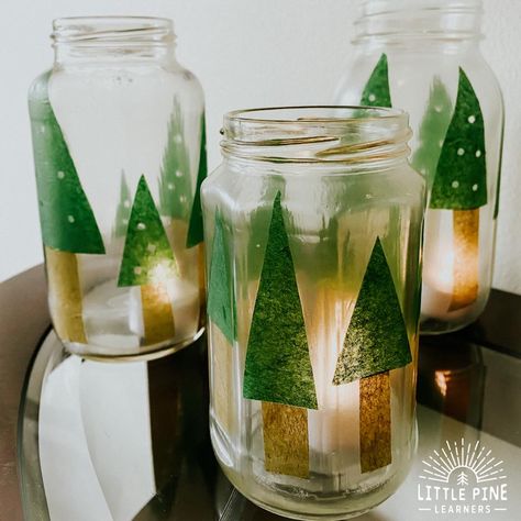 Jar Pine Tree Lanterns • Little Pine Learners Oppgaver For Barn, Jul Diy, Tree Lanterns, Jar Lanterns, How To Make Lanterns, Mini Christmas Tree, Handmade Christmas Gifts, Christmas Crafts For Kids, Winter Crafts