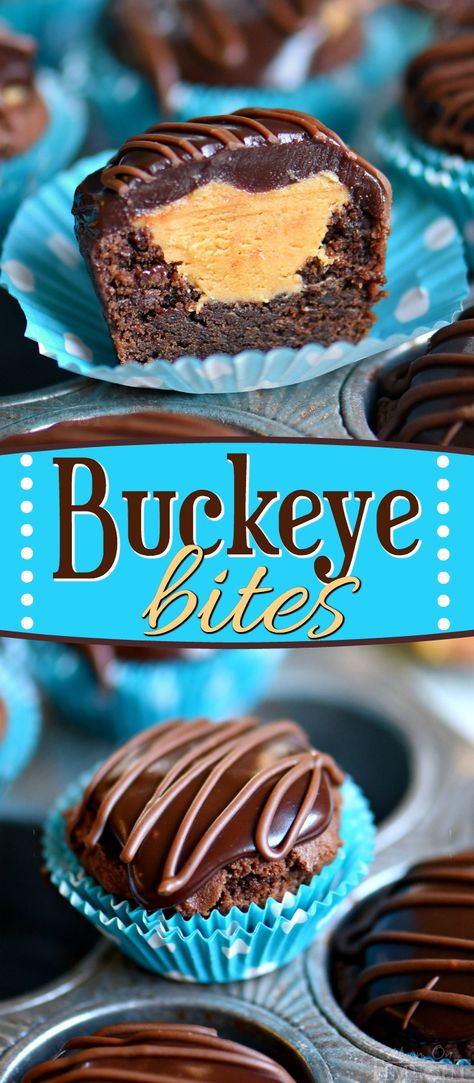 These Buckeye Bites are perfect for a crowd! Sweet chocolate cookie cups filled with a creamy peanut butter mixture and topped with decadent chocolate ganache - so good you guys! Wonderfully easy to make and and even better to eat. Serve with milk! // Mom On Timeout #peanutbutter #chocolate #cookie #cookies #buckeyes #dessert #recipe #recipes #desserts #sweets Buckeye Bites, Buckeye Dessert, Chocolate Cookie Cups, Quick Dessert Recipes, Chips Ahoy, Dessert Simple, Brownie Desserts, Dessert Party, Peanut Butter Desserts