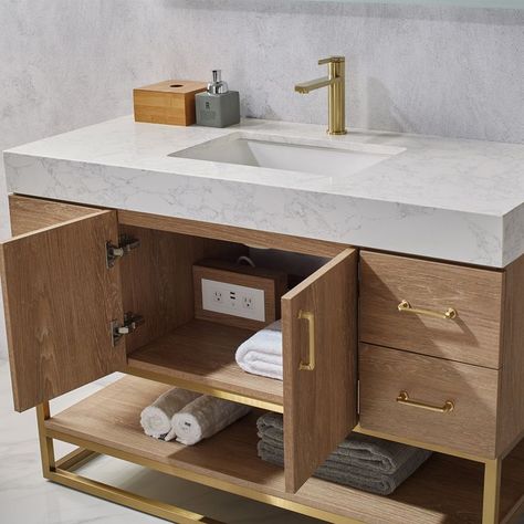 Wade Logan Annice 48" Vanity - Made in USA - Wayfair Oak Cabinet, Stone Countertop, Ply Wood, Glass Sink, Stone Bath, Double Sink Bathroom, Double Sink Bathroom Vanity, Single Sink Bathroom Vanity, Engineered Stone