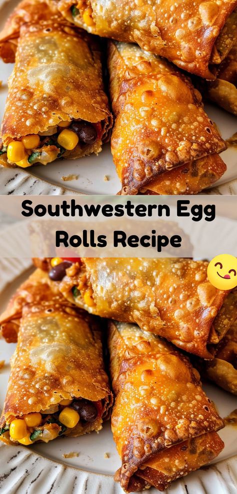 Try these Southwestern Egg Rolls with a crispy shell and a spicy, cheesy filling. Perfect for any occasion! Spinach Dip Egg Rolls, Southwestern Egg Rolls Recipe, Chili’s Southwestern Egg Rolls, Sausage Egg Rolls Recipe, Different Egg Roll Fillings, South Western Egg Rolls Recipe, Southwest Eggrolls Recipe Easy, Egg Roll Ideas, Egg Roll Filling Recipes