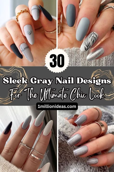 30 Sleek Gray Nail Designs For The Ultimate Chic Look White Metallic Nails, Gray Almond Nails, Grey Nail Polish Designs, Gray Nails Design, Gray And White Nails, Matte Gray Nails, Grey Nail Ideas, Nails Design Square, Gray Nail Designs