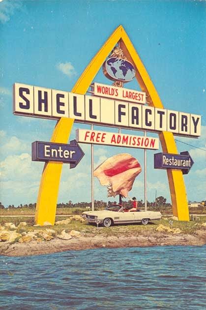 These are 1960s views of the Shell Factory sign at Fort Myers, Florida. Both postcards have the same description on the back: Florida's ... Station Service, Clearwater Florida, Fort Myers Beach, Fort Myers Florida, Florida Living, Destin Florida, Sanibel Island, Roadside Attractions, Old Florida