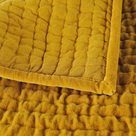 Velvet quilted bedspread in mustard yellow 240 x 260cm Yellow Bedspread, Mustard Bedding, Velvet Bedspread, Ralph Lauren Bedding, Van Color, Lay Me Down, Yellow Decor, Bedding Sets Online, Velvet Quilt