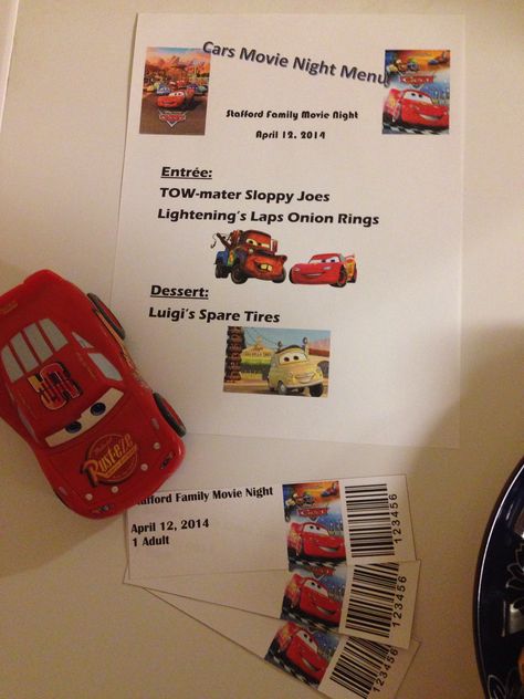 Cars Movie Night, Disney Movie Night Snacks, Disney Themed Movie Night, Disney Movie Night Food, Diy Movie Night, Disney Movie Night Dinner, Disney Cars Movie, Movie Night Dinner, Movie Night Theme