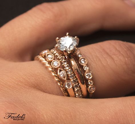 Engagement Ring With Stacked Bands, Stackable Wedding Rings With Solitaire, Wedding Ring Stack Ideas, Rose Gold Ring Stack, Rose Gold Solitaire Engagement Ring, Wedding Stack, Leaf Wedding Rings, Ring Stacks, Tanzanite Engagement Ring